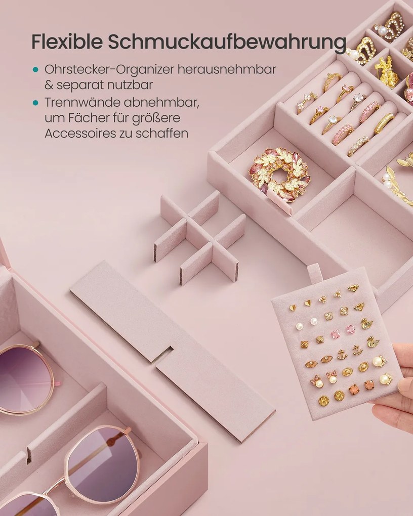 Caixa para joias 20,5 x 24 x 11 cm com pega e tabuleiro flexível rosa pastel