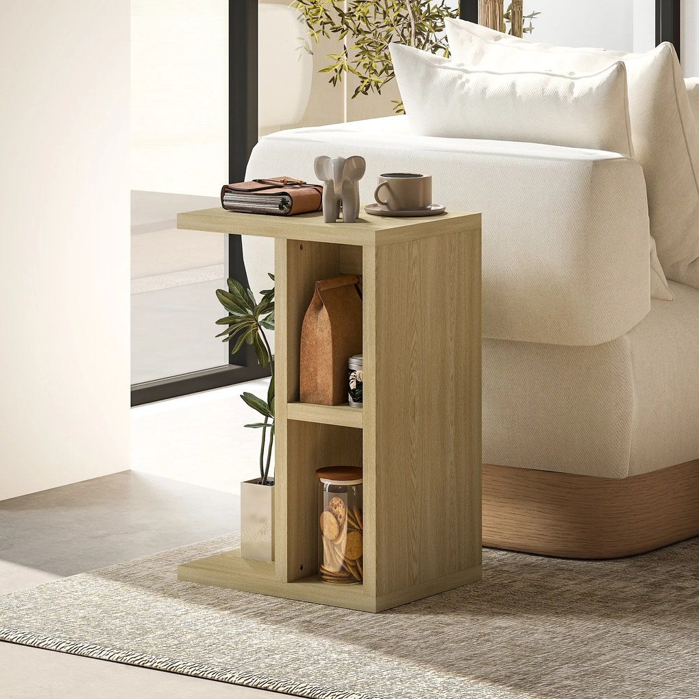 Mesa auxiliar de 3 níveis em forma de C com 2 compartimentos abertos, 40 x 29,8 x 60 cm, carvalho