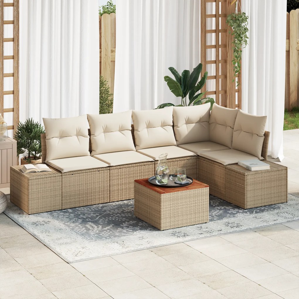Conjunto de Sofás de Jardim de 6 Peças com Almofadas Bege em Rattan Si