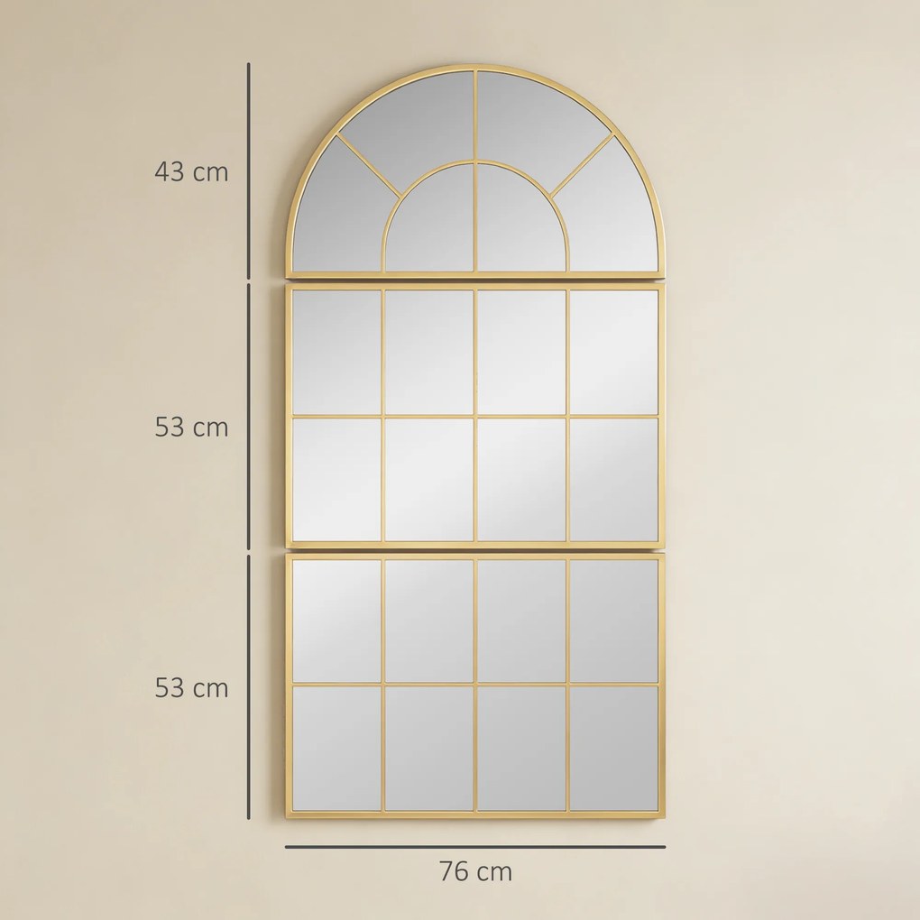 Espelho de parede arqueado 76 x 150 cm, espelho de parede em forma de janela, conjunto de 3 peças, moldura em metal, dourado