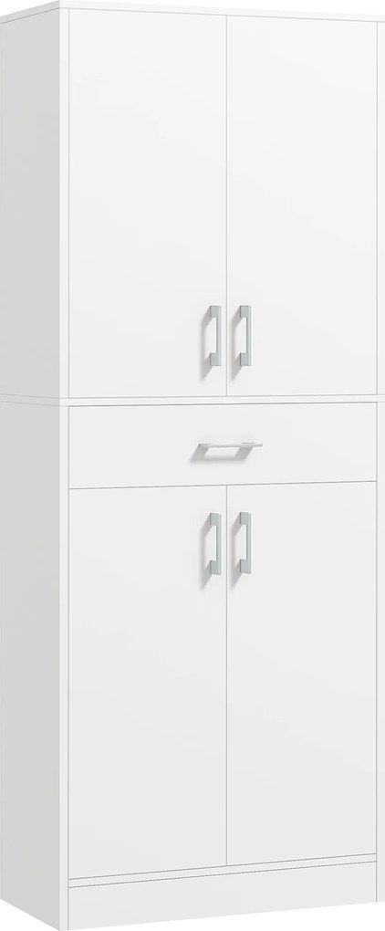Armário de cozinha alto com 4 portas, 2 compartimentos e 1 gaveta central, altura de 180 cm, com 2 prateleiras ajustáveis, branco