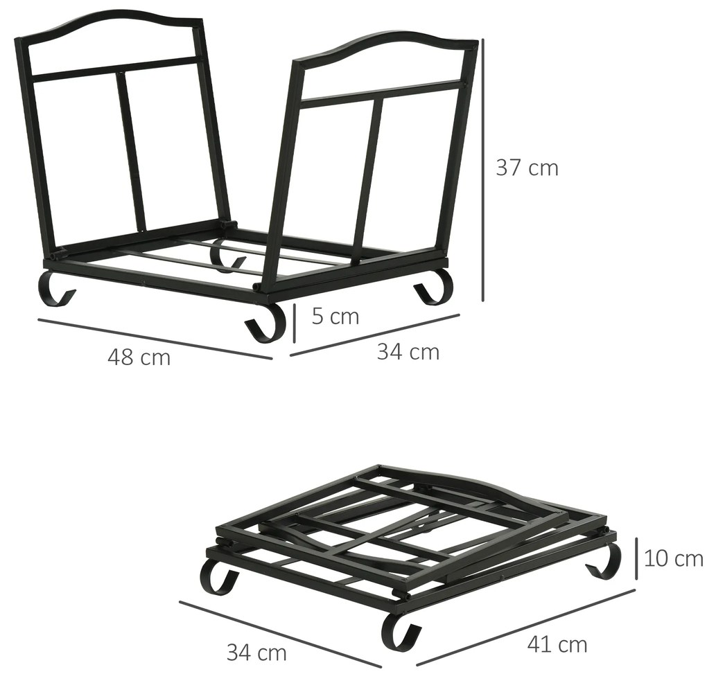 Suporte para Lenha Dobrável Porta Lenha Interior e Exterior Metálico com Grade e Base Elevada Carga Máxima 50kg 48x34x37cm Preto