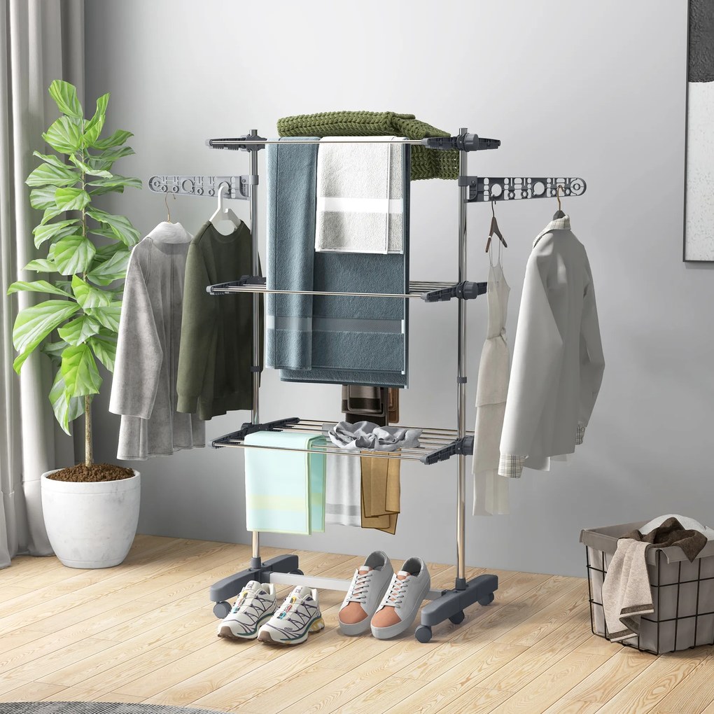 Estendal de roupa dobrável com abas laterais, para uso interior e exterior, 3 níveis, 142 x 55 x 152 cm, cinzento