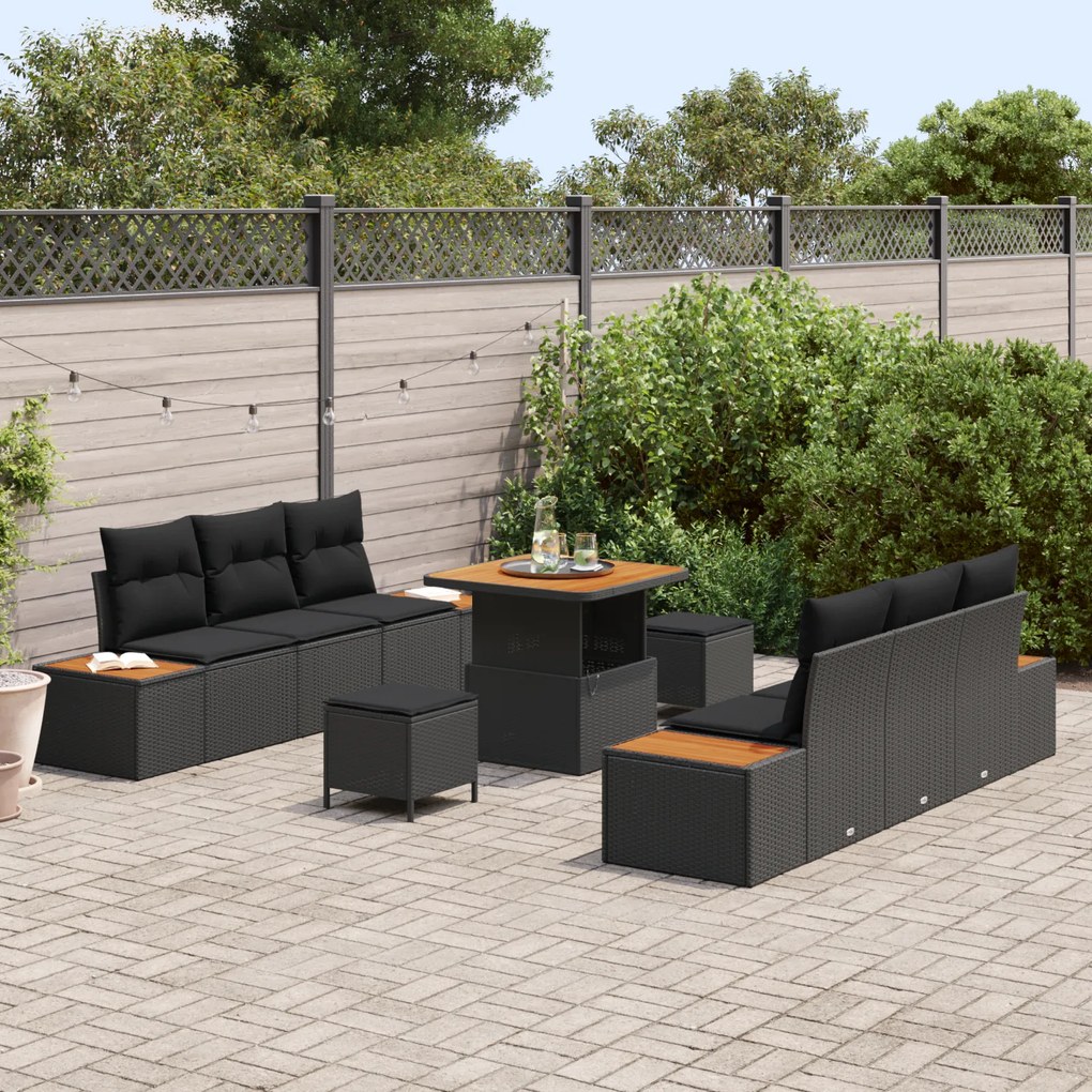Conjunto de Sofá de Jardim de 9 Peças com Almofadas Preto Polirattan A