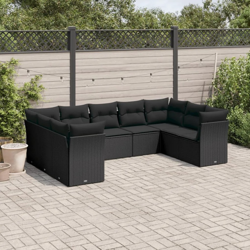 9 pcs conjunto de sofás p/ jardim c/ almofadões vime PE preto