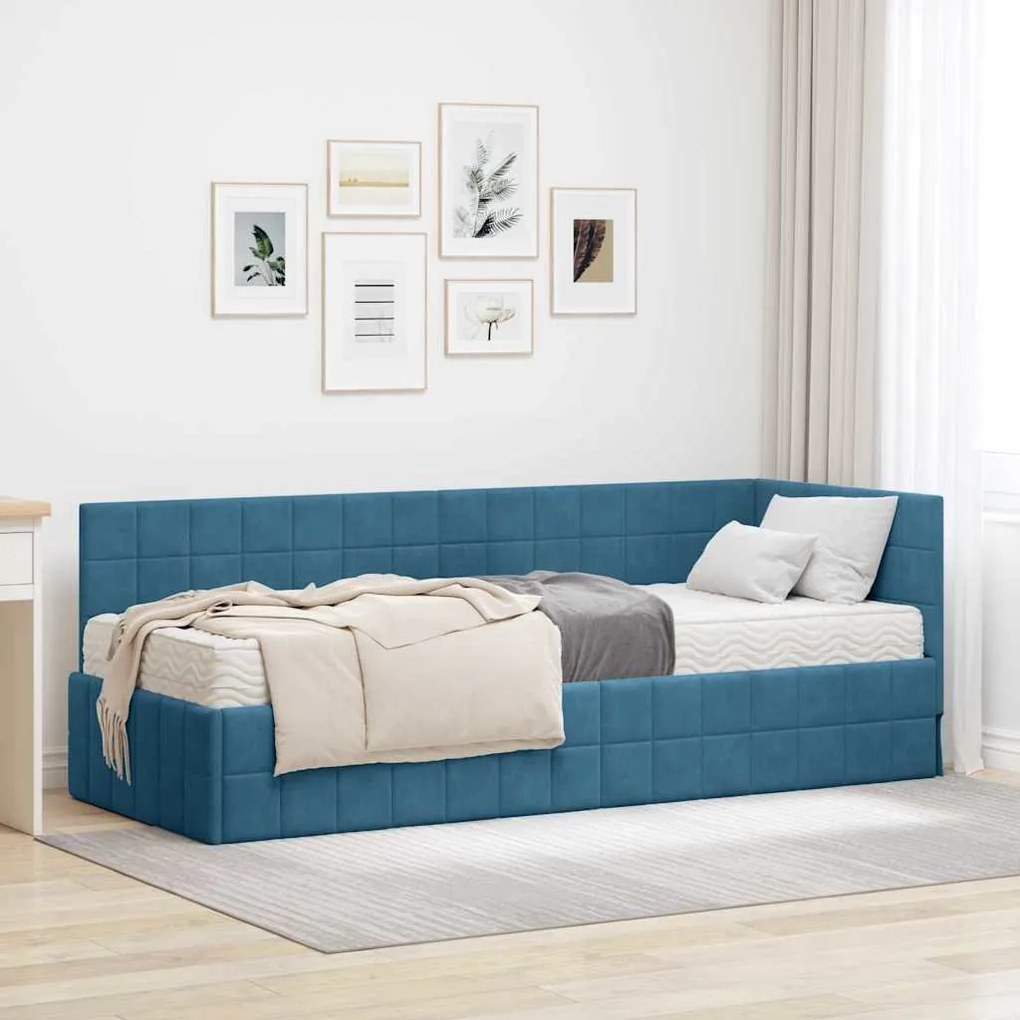 vidaXL Estrutura de Cama de Canto com Colchão Manual 2 pcs Azul Veludo