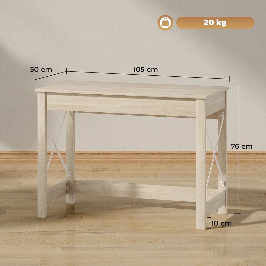HOMCOM Secretária Moderna Mesa de Estudo com Estrutura de Aço Mesa de Computador 105x50x76 cm Madeira e Branco