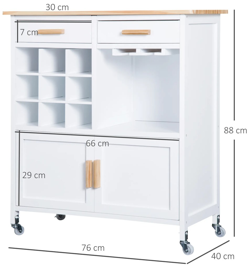 HOMCOM Carrinho de Cozinha Auxiliar com Rodas Carrinho de Cozinha com 2 Gavetas Suporte para 9 Garrafas Suporte para Taças Prateleira Aberta e Armário 76x40x88cm Branco