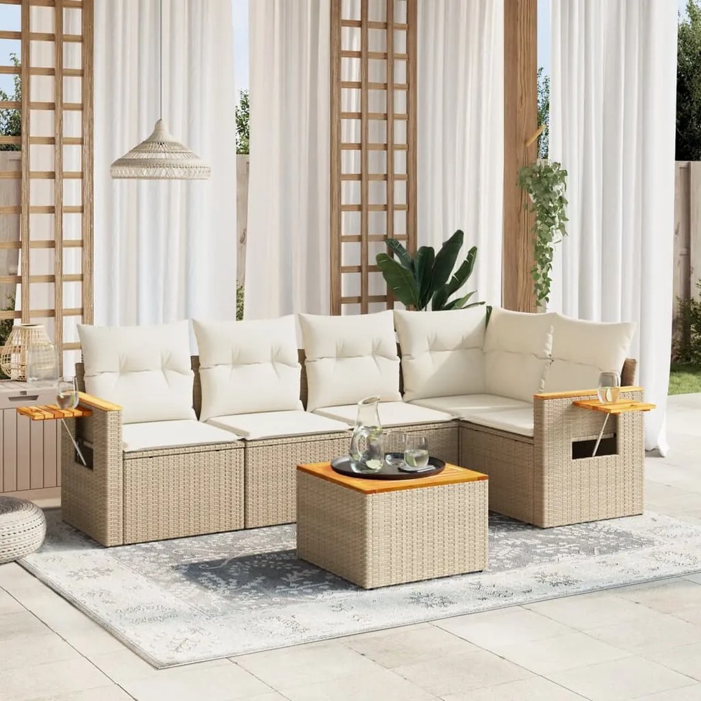 6 pcs conjunto de sofás p/ jardim com almofadões vime PE bege