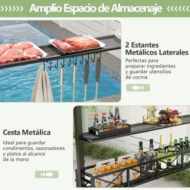 Pergula tenda para churrascos 242 x 153 cm com 2 prateleiras laterais, cesto, ganchos, abridor de garrafas, estrutura de metal para jardim ou pátio Ca