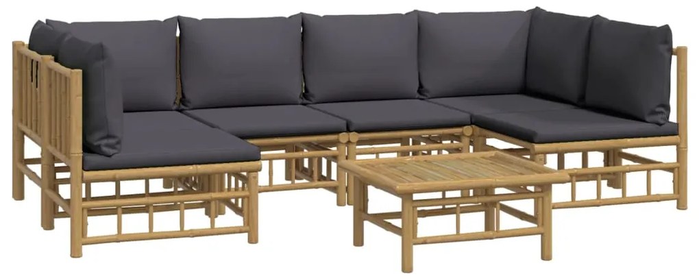 7pcs conj. lounge de jardim bambu c/ almofadões cinzento-escuro