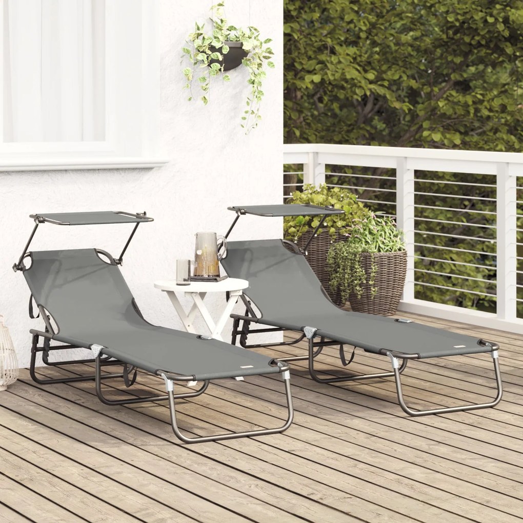 Espreguiçadeiras Dobráveis 2 pcs com Teto Cinza Tecido Oxford 600D