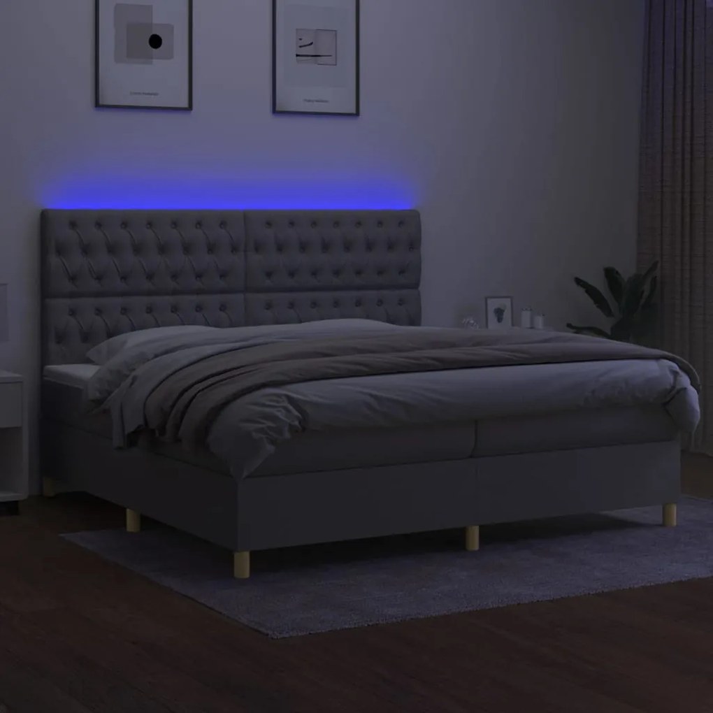 Cama box spring c/ colchão e LED 200x200 cm tecido cinza-claro