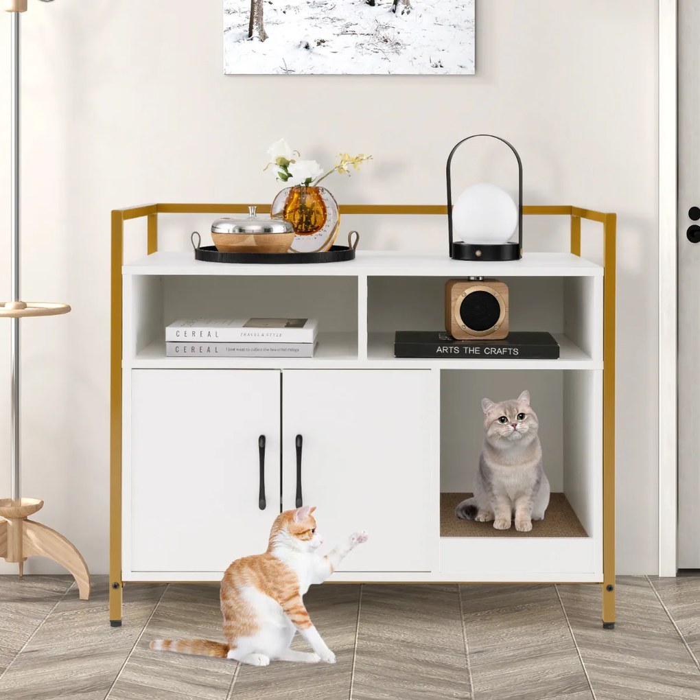 Caixa de areia para gatos com portas de cartão para arranhar Armário de limpeza para animais de estimação 89 x 45 x 74,5 cm Branca