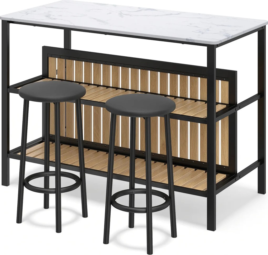 Conjunto de Ilha de Cozinha com 2 Bancos, 120 x 60 x 84 cm, Tampo com Efeito Mármore, Branco