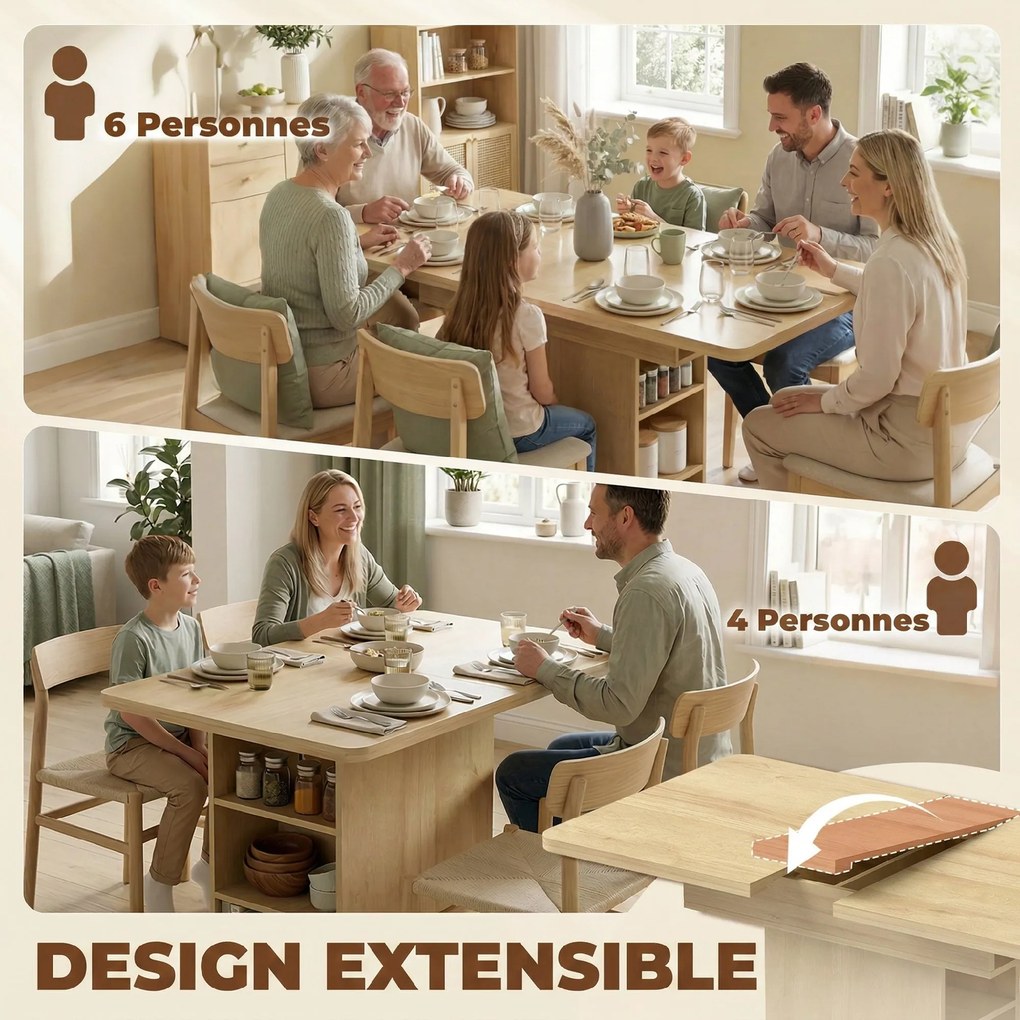 Mesa de jantar retangular extensível para 4 a 6 pessoas 110-130 cm, (BANCOS E CADEIRAS NÃO INCLUIDAS) com 6 prateleiras abertas, efeito madeira natura