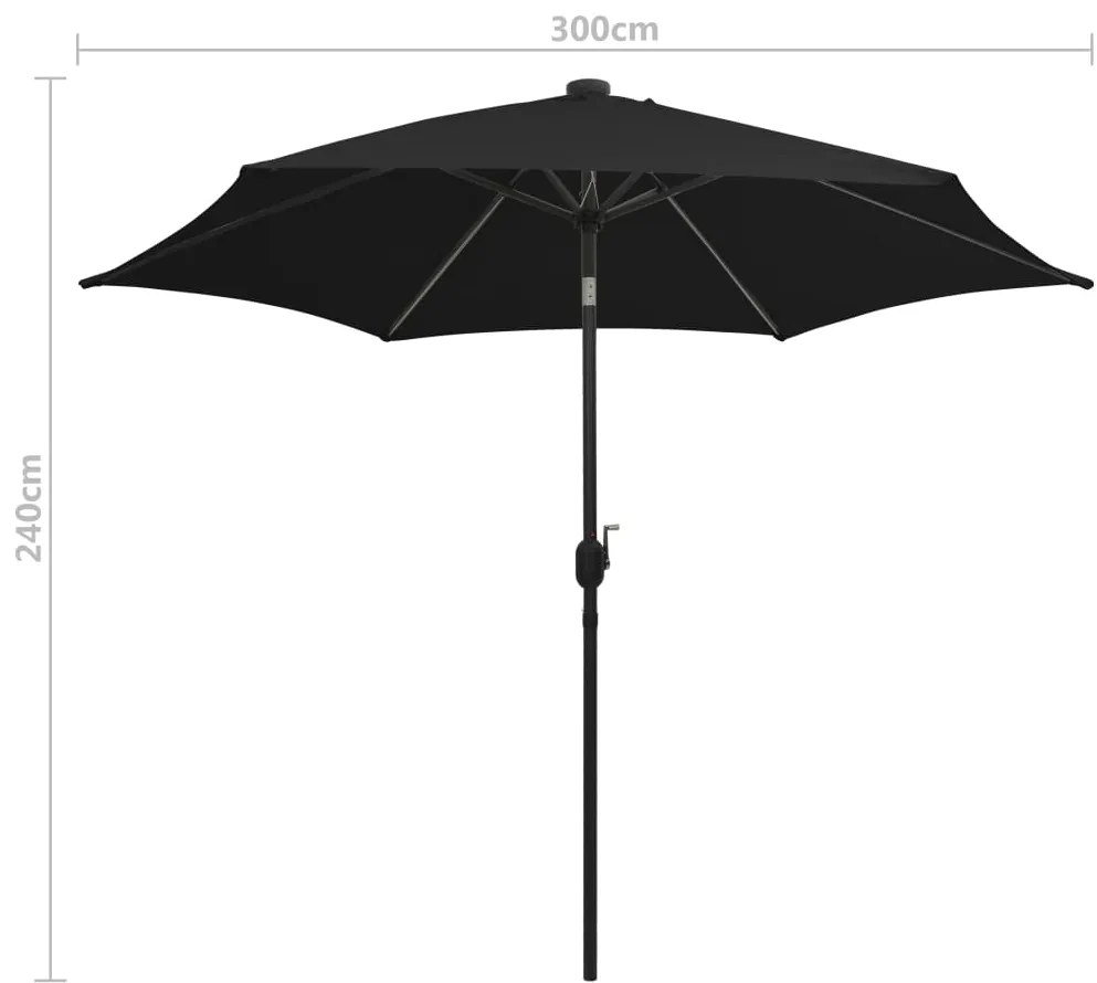 Guarda-sol de jardim c/ luzes LED/poste alumínio 300 cm preto