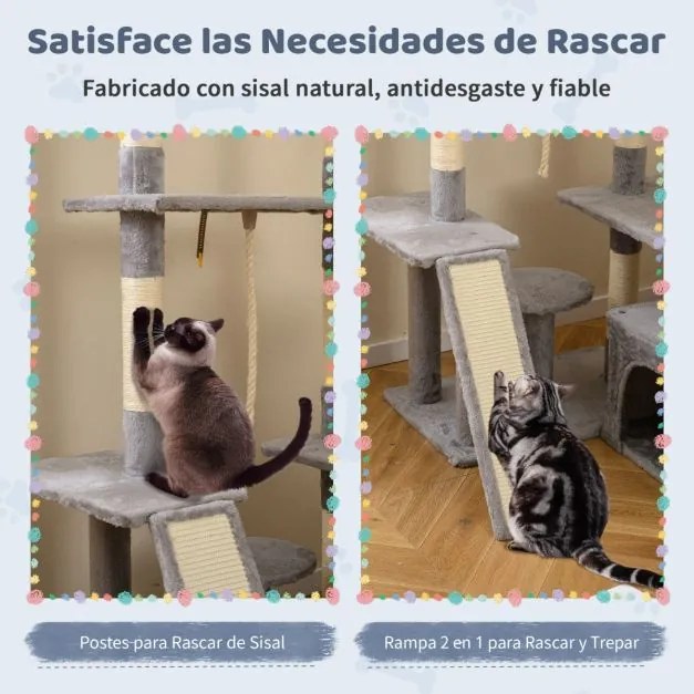 Arranhador para gatos de 136 cm com vários níveis, postes para arranhar em sisal, rampa e 2 poleiros Cinza claro