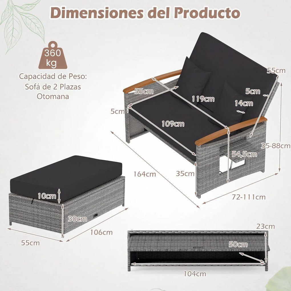 Conjunto de Sofá-Cama de 2 Lugares e Pufe, 164 x 72-111 x 54,5-88 cm, Encosto Ajustável em 4 Níveis, Cinzento + Preto