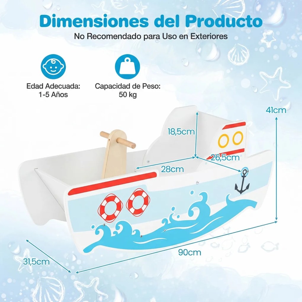 Baloiço de madeira com tema náutico para crianças de 1 a 5 anos Assento largo Encosto e alças em bétula multicolorida