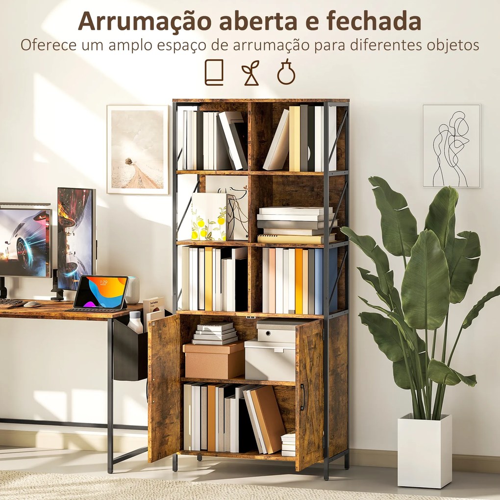 Estante de 6 Níveis Estante de Livros com Compartimentos Abertos 2 Portas Estilo Industrial 75x34x172 cm Castanho Rústico