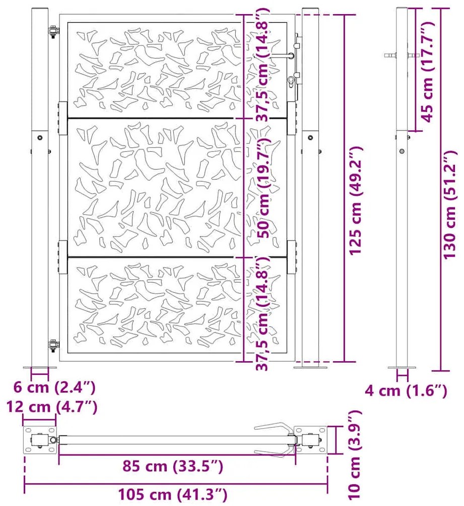 Portão de jardim 105x130 cm design de folha de aço resistente