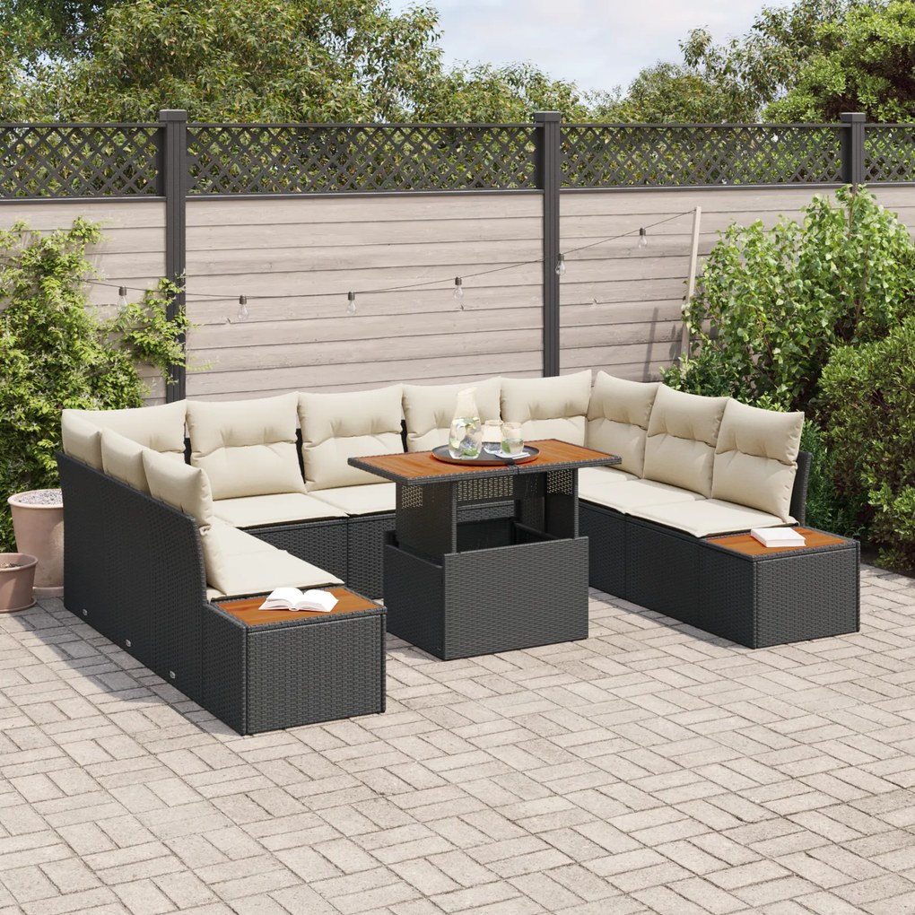 Conjunto de Jantar para Jardim com 10 Peças e Almofadas Preto em Ratta