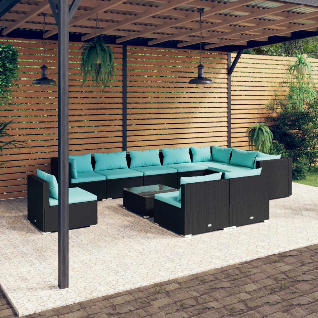vidaXL 11 pcs conjunto lounge de jardim c/ almofadões vime PE preto