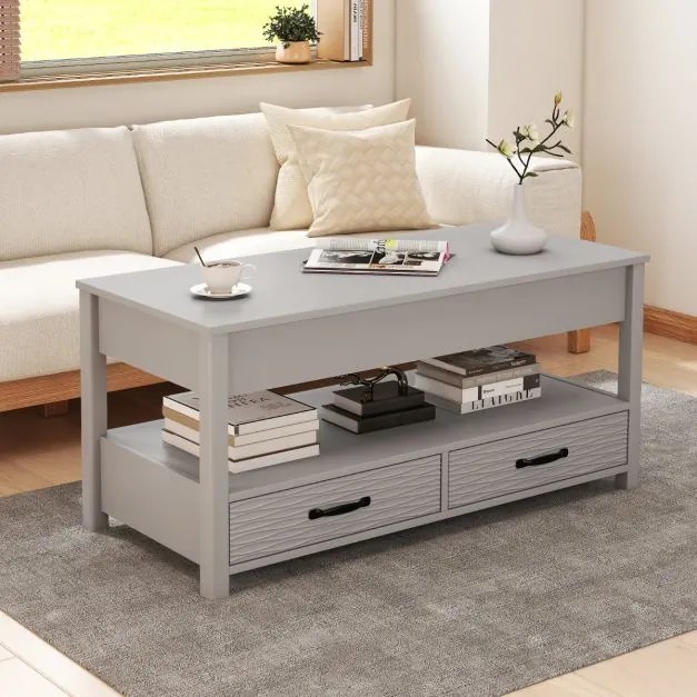 Mesa de centro elevável 100 x 46 x 50 cm com compartimento de armazenamento oculto, prateleira aberta e 2 gavetas para sala de estar cinza