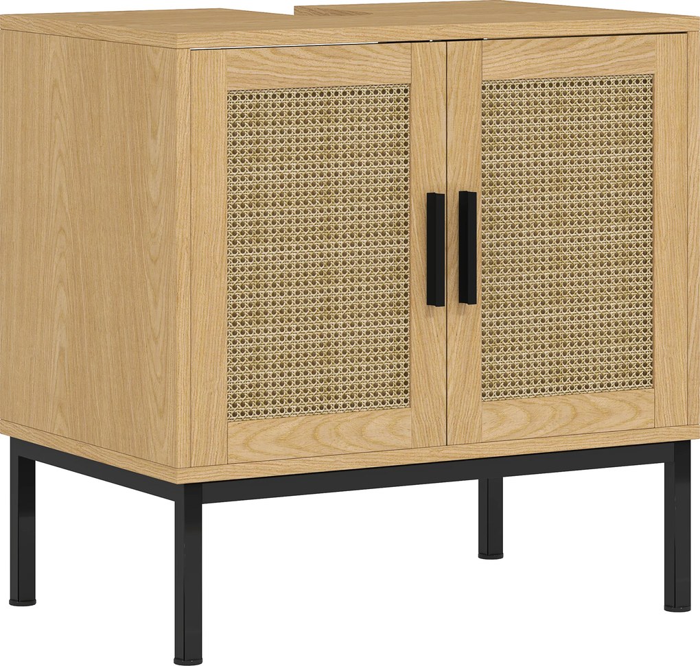 kleankin Armário para banheiro, em design boho, armário de banheiro, elementos em rattan, com entalhe em U, Carvalho | Aosom Portugal