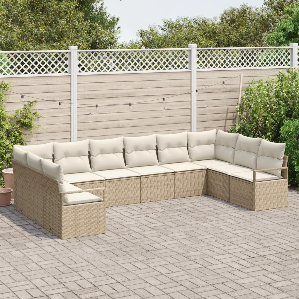 Conjunto de Sofás de Jardim de 10 Peças com Almofadas em Bege e Vime,