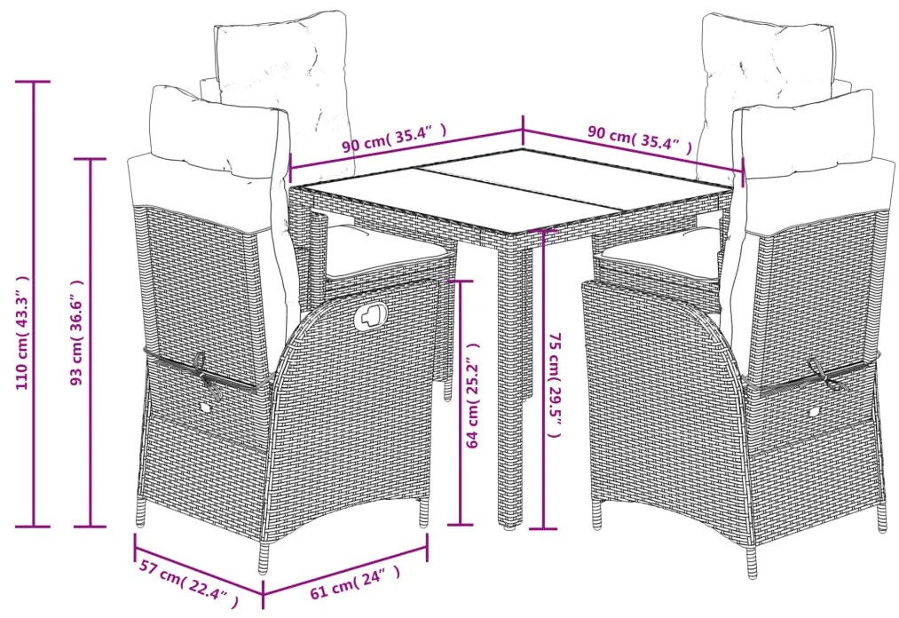 5 pcs conjunto de jantar p/ jardim c/ almofadões vime PE cinza