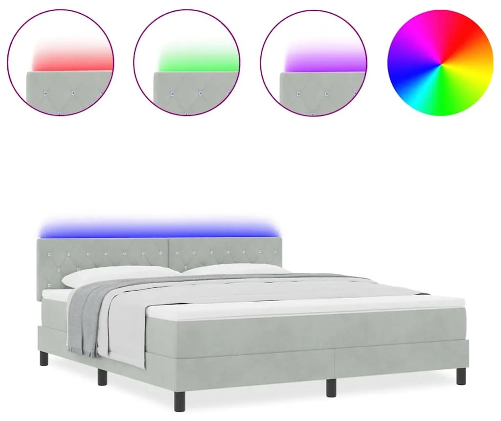 Cama Box Spring vidaXL com Colchão e Luz LED Cinzento Claro 180x200 cm