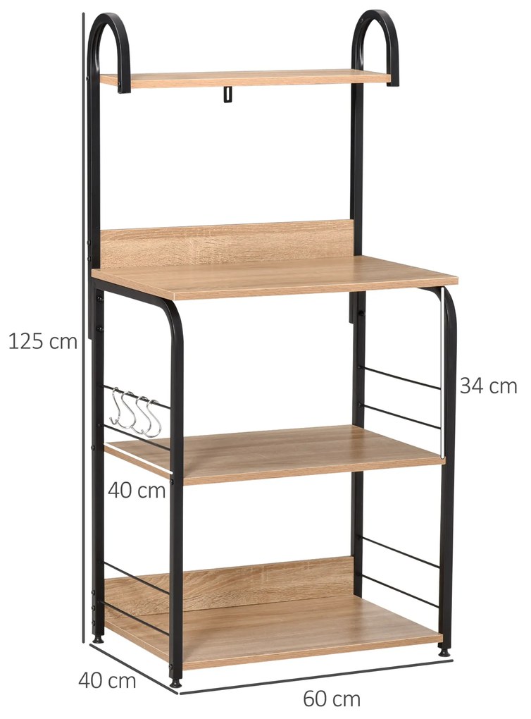 Estante de Cozinha para Microondas com 4 Níveis Ganchos e Pés Ajustáveis Estante de Armazenamento 60x40x125cm Madeira Natural