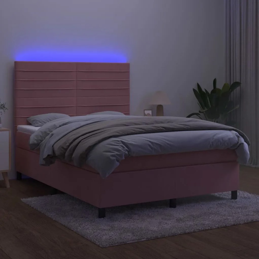 Cama box spring c/ colchão/LED 140x200 cm veludo rosa