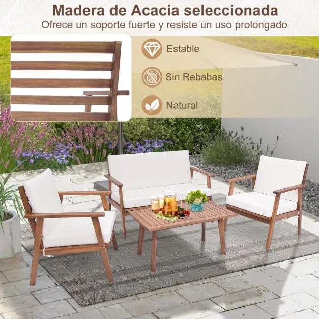 Conjunto de 4 peças: 2 cadeiras simples, 1 sofá de dois lugares e 1 mesa de centro com braços e assento acolchoado branco