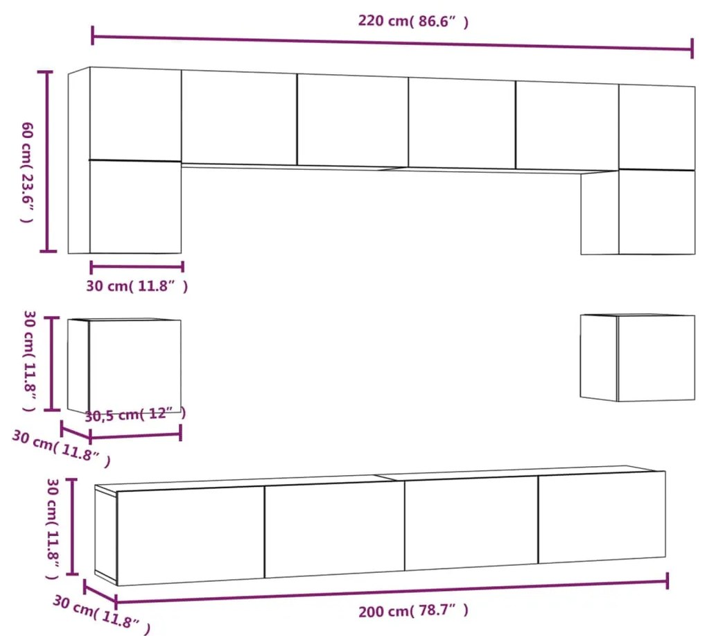 Conjunto móveis de TV 8 pcs madeira processada branco