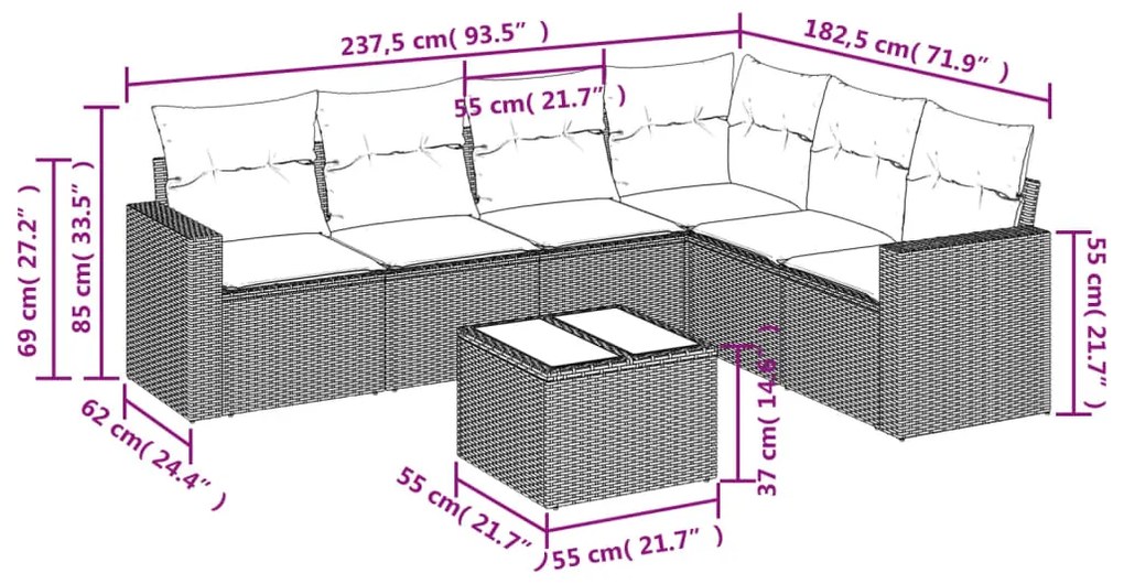 7 pcs conjunto de sofás jardim c/ almofadões vime PE castanho