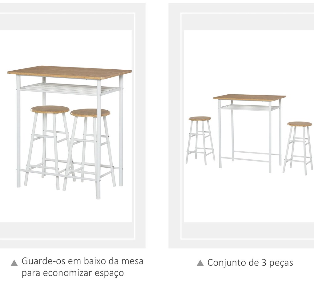 HOMCOM Conjunto de Móvel Bar Conjunto de Mesa Alta e 2 Bancos com Prateleira de Armazenamento e Estrutura de Metal para Cozinha Sala de Jantar 80x50x90cm Branco e Madeira