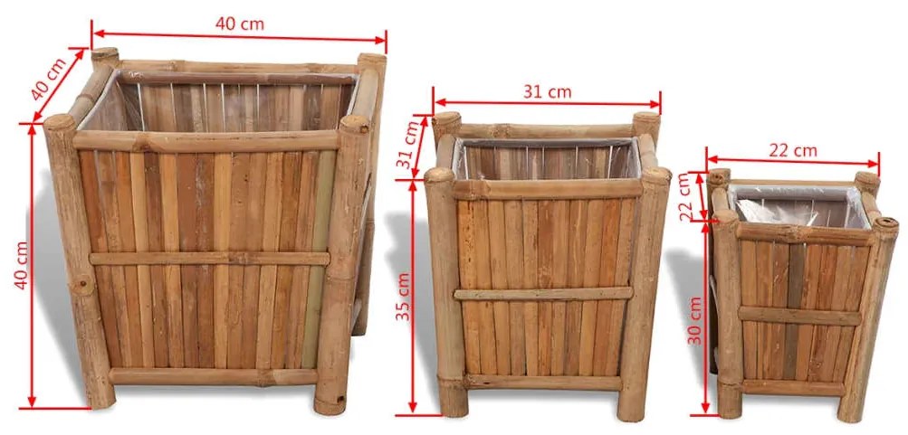 Vasos/floreiras em bambu 3 pcs forro de nylon