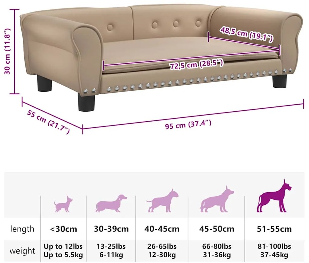 Cama para cães 95x55x30 cm couro artificial cor cappuccino