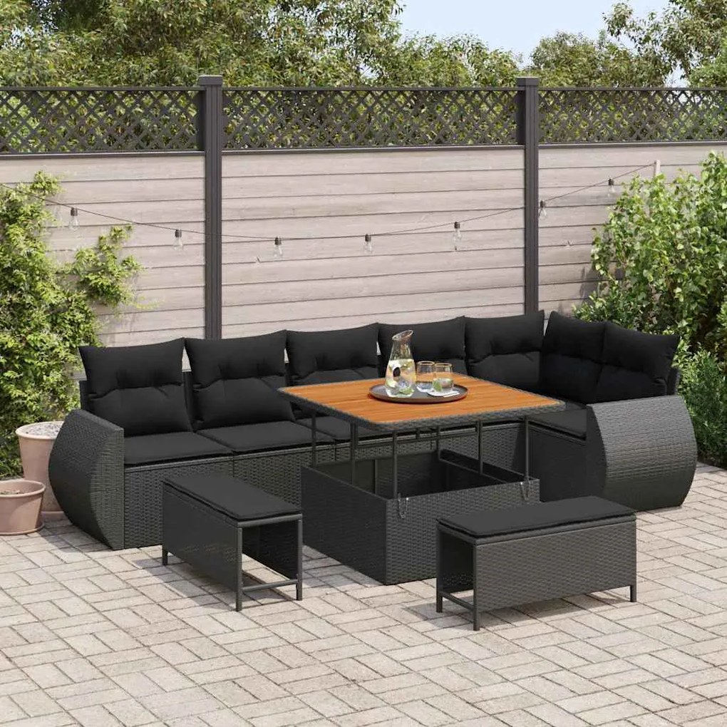 vidaXL Conjunto de Sofá de Jardim 9 pcs Preto Rattan de Polipropileno