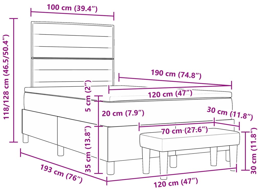 Cama Box Spring com Colchão e Banco Cinza Claro 120x190 cm Tecido