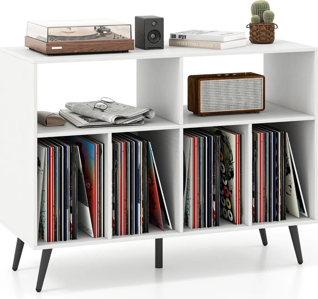 Suporte para gira-discos e discos vinil 100 x 40 x 74,5 cm com estação de carregamento com 5 pés metálicos, portas USB e Type-C Branco