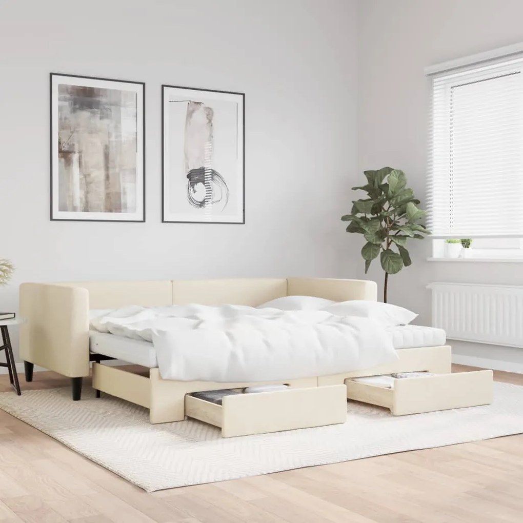 vidaXL Sofá-cama com gavetão e gavetas 90x200 cm tecido cor creme