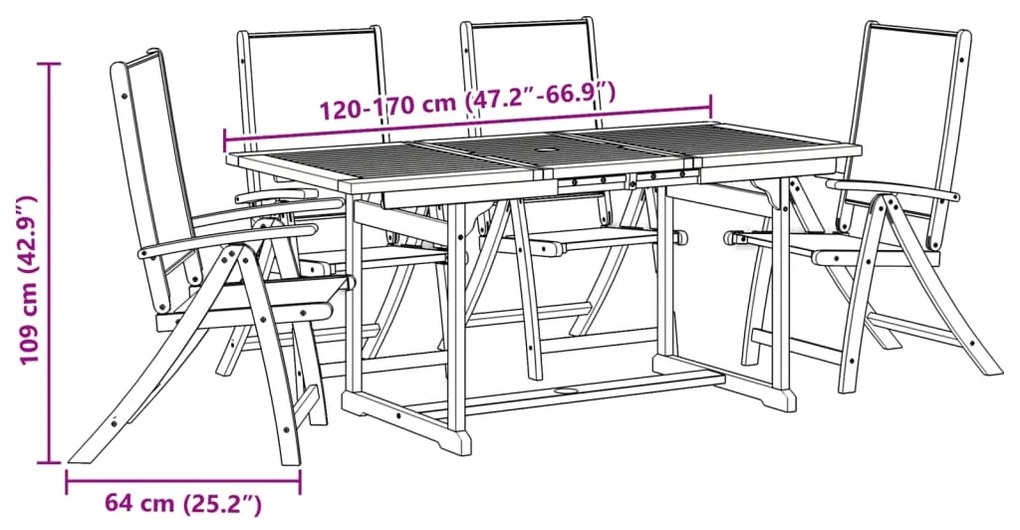 5 pcs conjunto de jantar para jardim acácia maciça e textilene