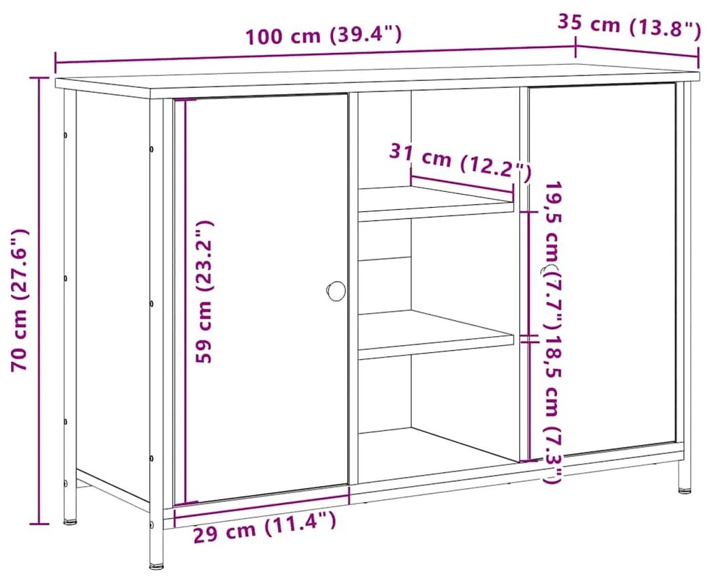 Buffet VidaXL de Madeira Antiga 100x35x70 cm em Madeira Ingeneriada e