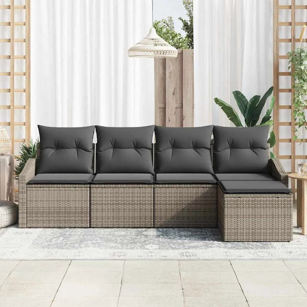 Conjunto de Sofá de Jardim 5 Peças com Almofadas Cinza em Rattan Polié