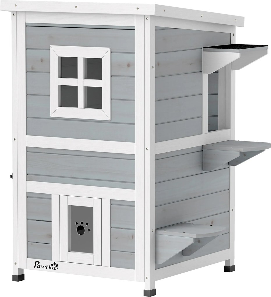 PawHut Casota Exterior para Gatos em Madeira de 2 Níveis com Telhado Basculante, Plataformas de Salto e Portas, 51x51x81,3 cm, Cinzento | Aosom Portugal