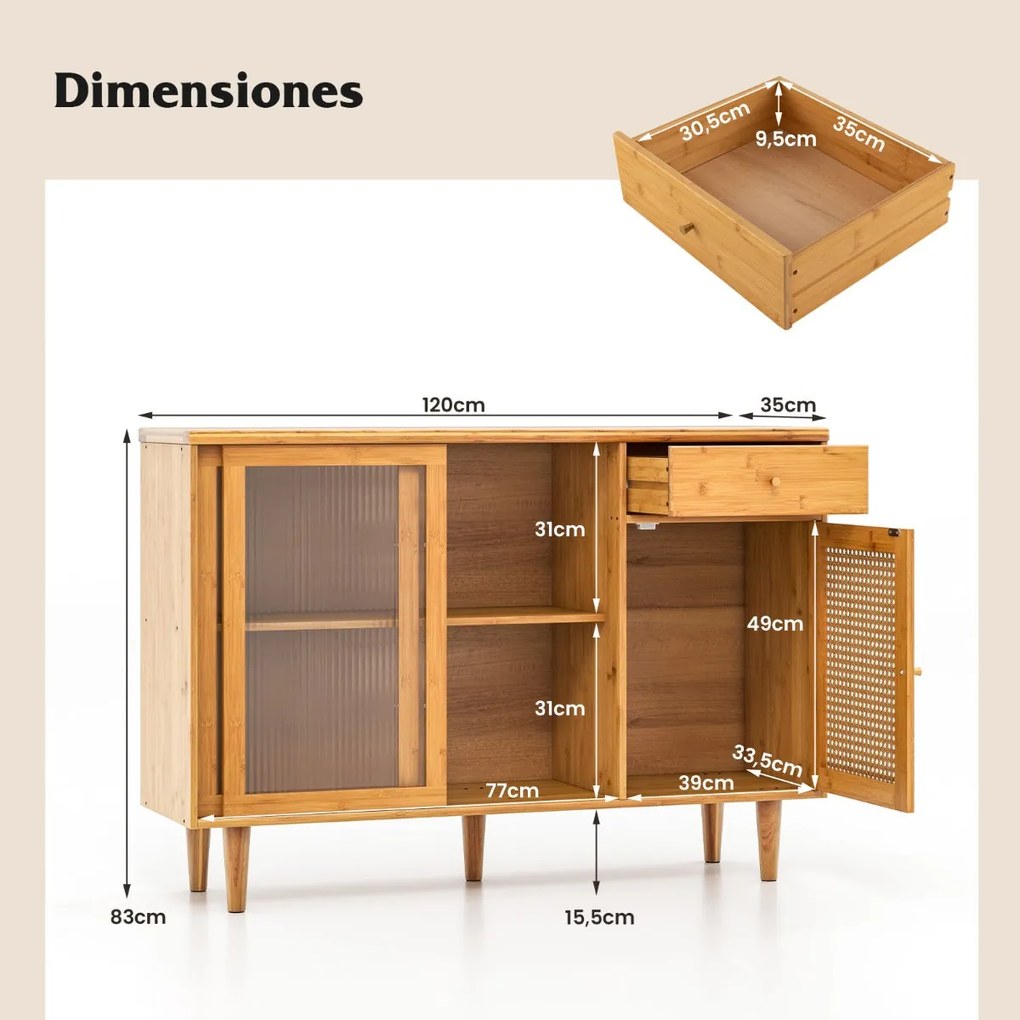 Aparador Lousã em Bambu com Portas de Vidro e Ratã – 120x35x83 cm – Na